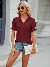 cheap Lace Tops-Women&#039;s Boho T-shirt Plain Bohemia Cute Stylish Short Sleeve Puff Sleeve V Neck Shirt Collar Regular Tops Daily Going out Weekend Ruffle Eyelet Sage Green Black White Pink Wine Summer