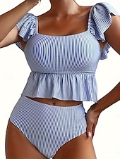 billige Bikinisett-Dame Badetøy Bikini 2 stk Underbukser Badedrakt Åpen rygg Tynn Høy midje Ferie Strand Klær Stripe Ermeløs Badedrakter
