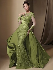 economico BLU-Abito da festa sirena Madre della Sposa Abito Ospite di matrimonio Elegante Collo gioiello Treno a strascico  spazzola Stretch raso Manica lunga con pizzo paillettes arricciato per impressionare 2025