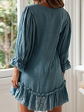 preiswerte Kleider-Damen Minikleid Leinen-inspirierte Kleider Freizeitkleid Baumwoll-Leinenkleid Stilvoll Lässig Urlaub Täglich Date Normale Passform Einfach Langarm V Ausschnitt Schwarz Beige Leicht Blau Sommer