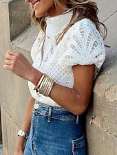 baratos Camiseta lisa-Mulheres Blusa Topo de ilhó Tops de renda Vazado Botões Tecido Diário à moda Básico Manga Curta Colarinho de Camisa Tops regulares Diário Trabalho Feriado Branco Rosa cor de Rosa Primavera Outono