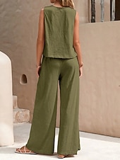 cheap Sets-Women's Shirt Linen-feel Set Two Piece Sets Wide Leg Pants Sleeveless Crew Neck Plain Fashion Streetwear Daily Casual Daily Black Yellow Army Green Summer Regular Fit