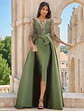 preiswerte GRÜN-Meerjungfrau/Trompete Abendkleid abnehmbarer Überrock formelle Hochzeit bodenlang 3/4 Ärmel Rundhals Satin Perlen Spitze mit Schlitz 2025