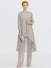 tanie Garnitury dla mamy-Kombinezon  Spodnium 3 Częściowe Teściowej Ślubne Gościń Elegancka Plus Size Zawiera Bateau Długość do Podłogi Chiffon Bez Rękawów Kurtka z Jednolitym Kolorem