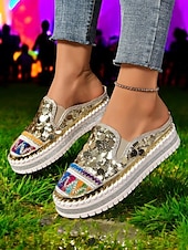 levne Pohodlné sandály-dámské zlaté flitrové tenisky na platformě mules – třpytivé slip-on boty s vyšívanými detaily pro festivaly, párty a street fashion