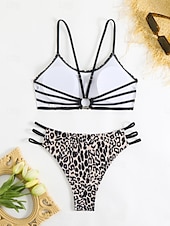 abordables Ensemble de bikinis-Maillots de bain pour femmes Bikini 2 pièces Maillot de bain échancré Sans dos Slim Vêtements de plage de vacances Léopard Col scoop sans manches