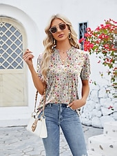 billige Kvinne Enkle Topper-Dame Boho T-skjorte Grafisk عادي Bohem søt stil Stilfull Kortermet Puffermer V-hals Vanlige topper Daglig Ut på byen Helg Trykt mønster Grå og Hvit Svart+Hvit+Grå Svart Lysegrønn Vin Sommer