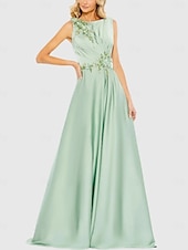 abordables VERT-Robe de soirée A-Line verte robe élégante mariage formel longueur au sol sans manches col bijou satin avec broderie pailletée