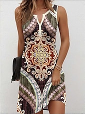 tanie Sukienki boho-Damskie Sukienka mini Sukienka A line Letnie sukienki Sukienka z odkrytymi ramionami Codzienny Urlop Codzienny Regularny Graficzny Zabytkowe Bez rękawów Karbowana szyja Żółtobrązowy Lato