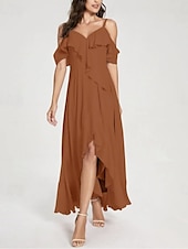 cheap Bridesmaid Dresses-A-Line Bridesmaid Dress V Neck / Spaghetti Strap Short Sleeve Elegant Asymmetrical Chiffon with Split Front / Ruching