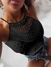 abordables Débardeurs et camisoles femme-Débardeur pour femmes en camisole noir blanc jaune couleur unie dentelle trou quotidien col halter coupe régulière S
