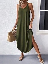 abordables vestido largo negro-Mujer Vestido Midi Vestido negro Vestido Cóctel Vestido formal Elegante Básico Sensual Diario Vacaciones Ajuste regular Plano Sin Mangas Escote en Pico Negro Vino Verde Ejército Verano