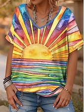 abordables T-shirt rayé et géométrique-Femme T shirt A Ombre Décontractées Manche Courte Col V Hauts réguliers du quotidien Imprimer Jaune Eté