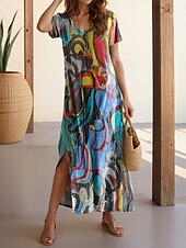 billige Kunst og Design Kjoler-Dame Maxikjole Uformell kjole Kjole med A-linje Stilfull Fritid Feriereise Daglig Normal Geometrisk Kortermet V-hals Colourful Sommer Vår