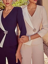 cheap Mom&#039;s Pant Suits-Pink Two Piece Pantsuits Mother of the Bride  Elegant Vintage V Neck Floor Length Stretch Fabric 3/4 Length Sleeve with Pearls Color Block  Race Day Dress