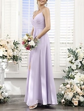 baratos Vestidos para Madrinhas-Linha A Vestido de Madrinha Decote V / Com Alças Finas Sem Manga Elegante Longo Chiffon com Pregas / Fenda Frontal / Franzido 2022