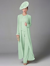 cheap Mom&#039;s Pant Suits-Beach Wedding Jumpsuit / Pantsuit 3 Piece Mother of the Bride  Formal Wedding Guest Elegant Plus Size Wrap Included Bateau Neck Floor Length Chiffon Long Sleeve Wrap Included with Beading