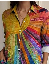 preiswerte Damen Streifen- und geometrische Oberteile-Damen Hemd Blumen Karomuster Farbblock Elegant Vintage Tropisch Langarm Hemdkragen Normale Oberteile Arbeit Täglich Knöpfe Druck Regenbogen Sommer Frühling