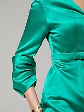cheap Cocktail Dresses-Sheath / Column Cocktail Dresses Elegant Dress Formal Wedding Guest Knee Length 3/4 Length Sleeve V Neck Satin with Bow(s) Dresses