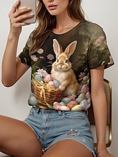 abordables T-shirt de Pâques-Pâques Femme Chemisier Floral Graphic Animal mode Décontractées Manche Courte Col Ras du Cou Hauts réguliers du quotidien Imprimer Vert cendré Eté Printemps
