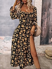 cheap Floral Dress-Women&#039;s Midi Dress Corset Dress A Line Dress Milkmaid Dress Puff Sleeve Dress Vacation Vacation Daily Regular Fit Floral Long Sleeve Square Neck White Blue Purple Gold Summer