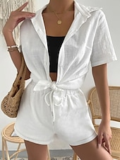 cheap Sets-Women&#039;s Fashion Streetwear Shirt Linen-Inspired Sets Two Piece Sets Below Knee Length Shorts Short Sleeve Shirt Collar Solid Color Drawstring Daily Wear Date White Green Khaki Summer Regular Fit