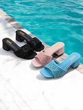 cheap Vacation Sandals-Women&#039;s Light Blue Pearl-Embellished Block Heel Mules – Elegant Open-Toe Slip-On Sandals for Summer Parties &amp; Evening Wear