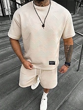 abordables Conjuntos de camisetas de hombre-Hombre Jacquard Tracksuit Camiseta y pantalones cortos Conjunto Conjunto de atuendo Cuello Barco Exterior Diario Deportes Bolsillo Correa 2 Piezas Plano Negro Blanco Verde Claro Poliéster Ropa de