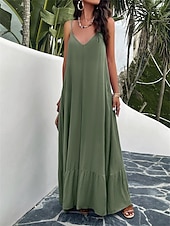 preiswerte Einfaches Kleid-Damen Maxi Kleid Strandkleid Slip Kleid Urlaub Strandurlaub Unifarben Lässig Täglich Lockere Passform Grafik Ärmellos Träger Schwarz Rot Himmelblau Grün Sommer
