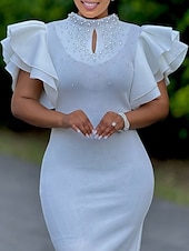 voordelige Bodycon uitgaansjurkjes-Dames Halflange jurk Gala jurk Feestjurk Satijnen Jurk Bruiloft gast jurk Elegant Formeel Feest Bruiloft gast Verloving Normale pasvorm Effen Korte mouw Coltrui Zwart Wit Blozend Roze Rood Zomer