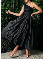 abordables Petites Robes Blanches-Robe blanche de graduation de fiançailles robe de mariage A-Line une épaule sans manches longueur thé en satin robes de mariée avec poche