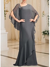 cheap Floor Length-Sheath / Column Mother of the Bride Dress Elegant Vintage Simple Asymmetrical Neck Floor Length Chiffon Long Sleeve with Beading Ruffles Cascading Ruffles
