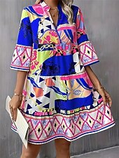 ieftine Rochii de Vacanță-Pentru femei Rochie Lunga Rochie Maxi Rochie casual Rochie A line Elegant Stilat De Bază Mânecă evazată Vacanță Zilnic Fit regulat Geometric Manșon Jumate În V Albastru piscină Trifoi Vară Primăvară