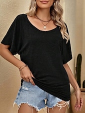 abordables T-shirt uni-T- shirt pour femmes Couleur Unie Basique Décontractée Manches 3/4 Col Ronde Hauts Quotidiens Noir Rouge Abricot Gris Été Printemps