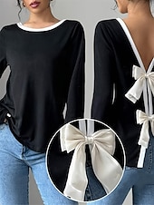 cheap Women&#039;s Work Tops-Women&#039;s Blouse Solid Color Stylish Casual Long Sleeve Crew Neck Regular Tops Daily Holiday Going out Backless Black Spring Fall Winter