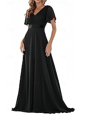 baratos Vestidos para Madrinhas-vestido de dama de honra linha a decote em v manga curta elegante comprimento até o chão chiffon com faixa / fita / franzido 2025