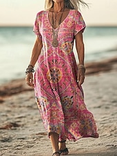 abordables Robes Boho-Femmes Robe maxi Robe Décontractée Robe trapèze Élégant Occasionnel Vacances Quotidien Coupe régulière Fleuri Manche Courte Col en V Magenta Printemps Automne