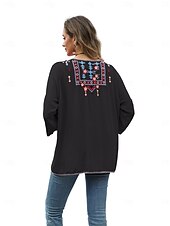 billige Boho topper-Dame Boho skjorte Helfarge Blomstret Bohem Daglig Luksuriøs 3/4 ermer 3/4-ermer Crew-hals Vanlige topper Arbeid Daglig Ut på byen Broderi Svart Gul Rose Rosa Sommer