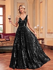 preiswerte Ballkleid-A-Linie Ballkleider Partykleid Abendparty Cocktailparty bodenlang ärmellos tiefer Ausschnitt Polyester mit Glitzer Kniefalten 2025