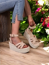 olcso Nyári szandálok-női espadrille platform ékszandál – nyitott orrú bokapántos nyári cipő hétköznapi, strand- és nyaralási viselethez