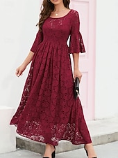 tanie Formalne zimowe-Damskie Sukienka midi Koronkowa sukienka Sukienka maxi Sukienka A line Elegancja Elegancki Codzienny Rozkloszowany rękaw Urlop Impreza Codzienny Regularny Równina Krótki rękaw Półgolf Czarny Wino