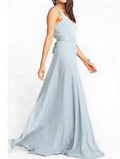 baratos Vestidos para Madrinhas-Linha A Vestido de Madrinha Decote V Sem Manga Azul Longo Chiffon / Elastano com Faixa / Fita / Pregueado / Cor Única 2022