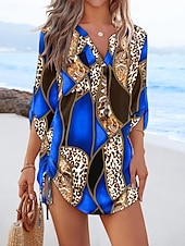 billige Ferie kjoler-Dame Mini kjole Sexy kjole Elegant kjole Elegant Normal Leopard Geometrisk Langermet V-hals Gul Rød Blå Grønn Høst