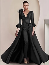 cheap Mom&#039;s Jumpsuits-Two Piece Jumpsuit / Pantsuit Mother of the Bride  Formal Wedding Guest Elegant Party V Neck Ankle Length Satin 3/4 Length Sleeve with Feather Sash / Ribbon 2025 free custom size