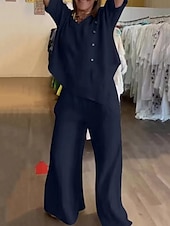 economico Set in cotone e lino-Per donna Moda Streetwear Camicia Set di biancheria in cotone Set da due pezzi Pantaloni di Lino Pantaloni Manica Lunga Scollo a V Tinta unica Ferie Abbigliamento quotidiano Nero Bianco Blu marino