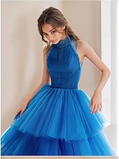 baratos Vestidos Baile Formatura-vestidos de baile em camadas linha a vestido de festa festa à noite coquetel comprimento até o chão sem mangas decote halter poliéster com pregas miçangas 2025