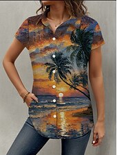 cheap Hawaiian Tops-Women&#039;s Shirt Leaf Tree Hawaiian Tropical Hawaiian Short Sleeve Shirt Collar Regular Tops Buttons Print Sage Green Summer