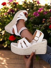 olcso Nyári szandálok-női espadrille platform ékszandál – nyitott orrú bokapántos nyári cipő hétköznapi, strand- és nyaralási viselethez