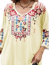 billige Boho topper-Dame Boho skjorte Helfarge Blomstret Bohem Daglig Luksuriøs 3/4 ermer 3/4-ermer Crew-hals Vanlige topper Arbeid Daglig Ut på byen Broderi Svart Gul Rose Rosa Sommer