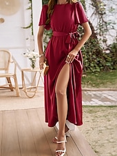 tanie Prosta sukienka-Sukienka maxi dla kobiet Sukienka w kształcie litery A Jednolity kolor Sukienka letnia Podstawowy Casual Wakacje Codzienny Regular Fit Gładka Krótki rękaw Okrągły dekolt Różowy Winny Niebieski